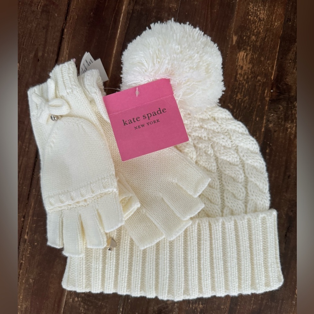NEW! Kate Spade New York Cable knit Beanie and rib top pop mittens - Picture 4 of 9